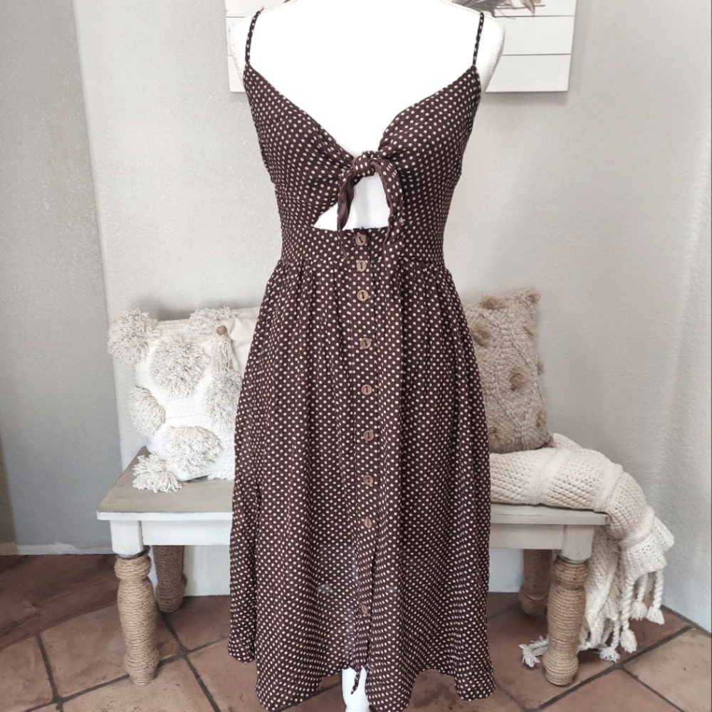 Skylar+Madison Midi Brown Polkadot Flowing Cutout Swing Summer Dress Size Small